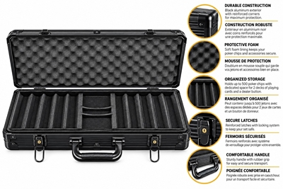 Black aluminum poker chip case, open, with poker chips