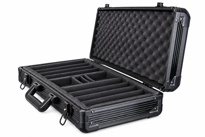 Open empty black aluminum poker chip case, angled view